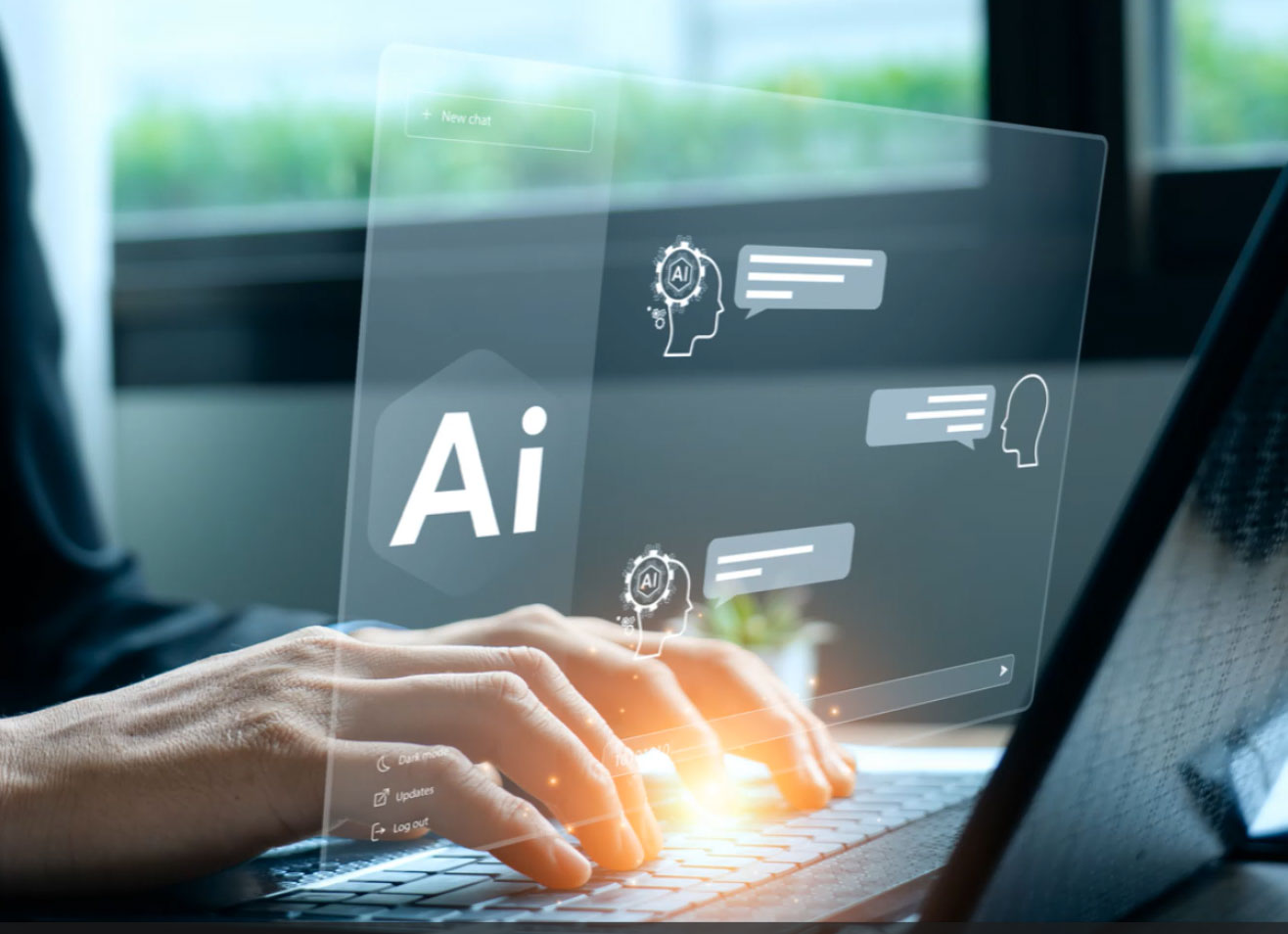 Hands typing on laptop with AI chat interface overlay in business setting.