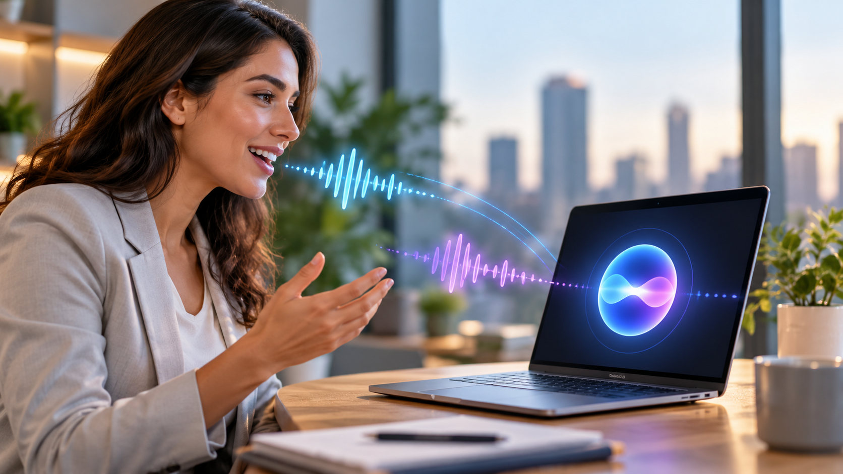 Businesswoman interacting with a voice assistant on a laptop in an office setting.
